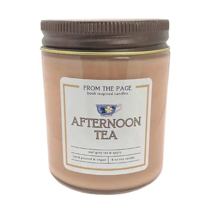 Candle jar labeled 'Afternoon Tea' by 'From the Page' on a white background