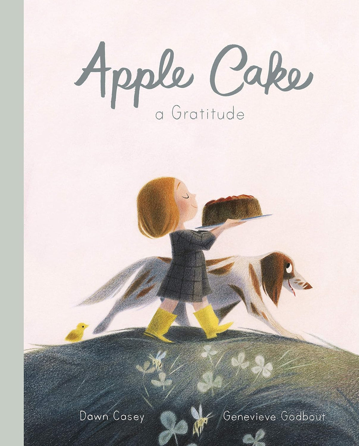 Front cover of book "Apple Cake" showing a young girl carrying a cake, a dog walked next to her, over a green hill with flowers.