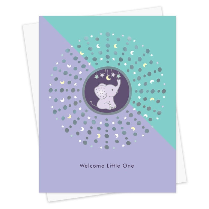 Half blue, half purple greeting card with a baby elephant in the center above Welcome Little One