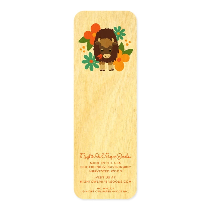 Wooden bookmark with a cartoon bear design and branding text on a white background