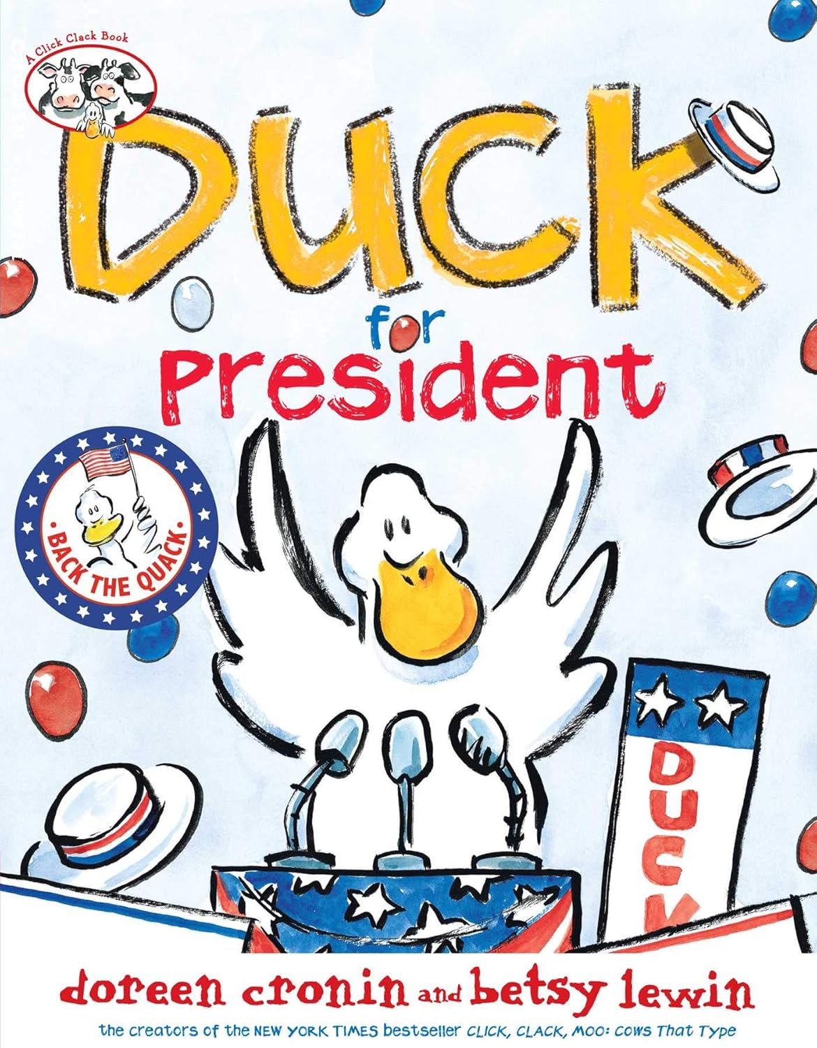 Book cover of 'Duck for President' with a cartoon duck at a podium.
