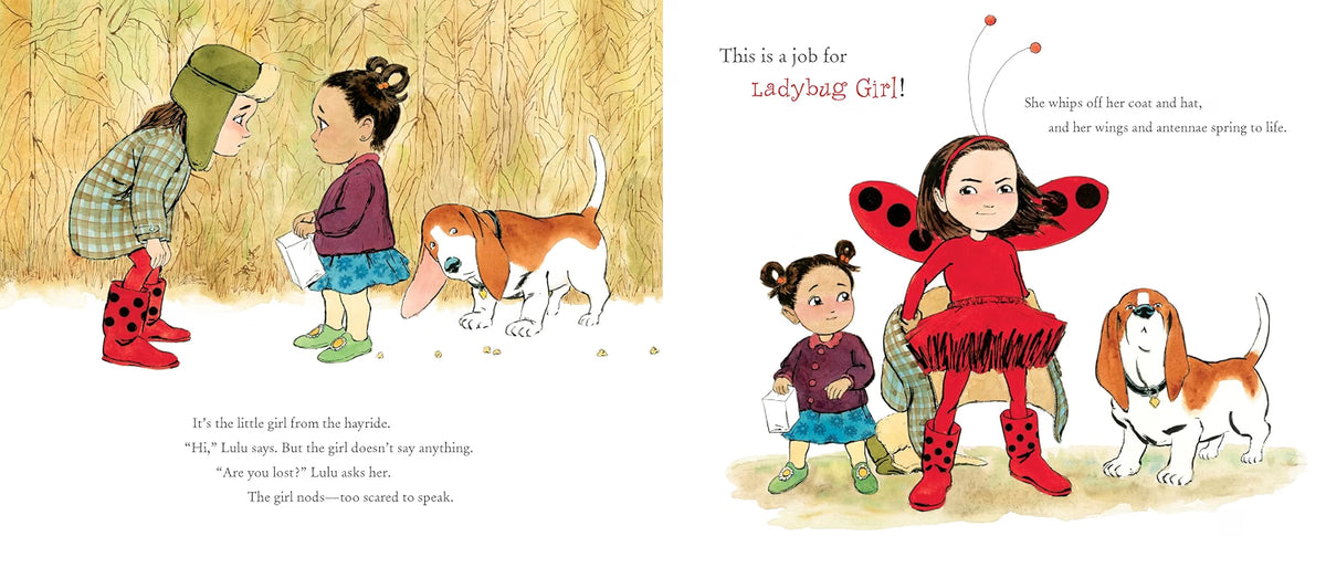 A two-page children's book illustration spread showing a girl in a ladybug costume walking with a basset hound, with text on the right page reading 'This is a job for Ladybug Girl!'. The left page shows the girl in a green hat and plaid jacket standing by a dog.