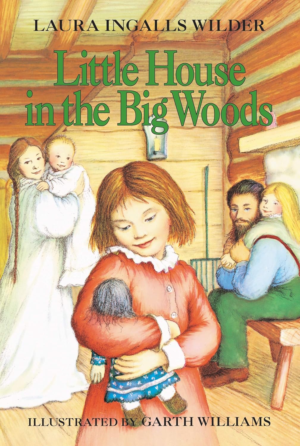 Book cover of 'Little House in the Big Woods' with illustrations of children and adults in a cabin.