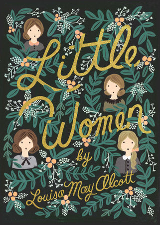 Book cover of 'Little Women' by Louisa May Alcott with illustrations of four women and floral elements.