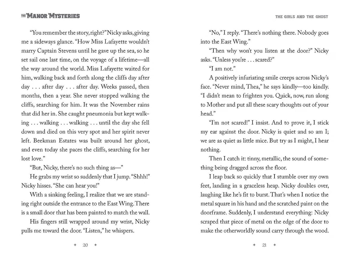 A printed book or magazine interior page with two columns of text on a white page, titled 'THE GIRLS AND THE GHOST' at the top right. The page shows page numbers 20 and 21 at the bottom.