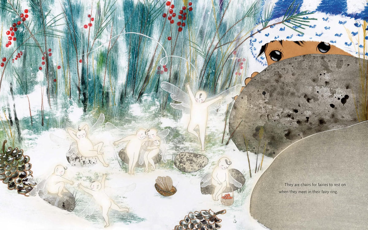 A whimsical illustrated winter scene with small white fairy-like figures among tall blue-green reeds, red berries, pinecones, and large gray rocks. A tiger-like face peeks over a rock on the right, and a small printed caption appears in the lower right corner.