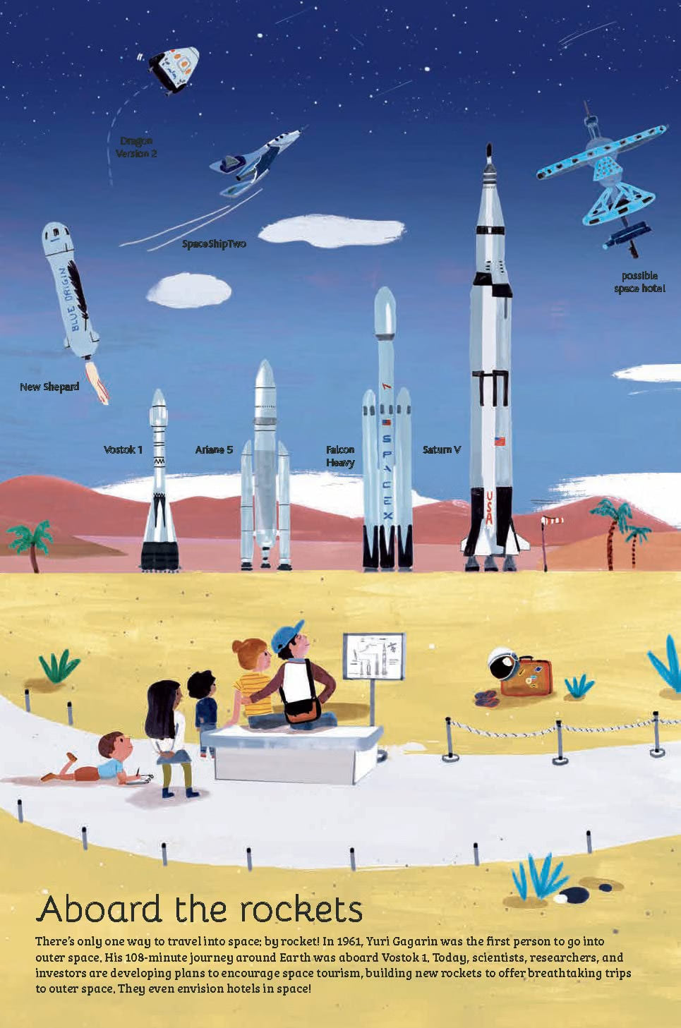 An illustrated poster titled 'Aboard the rockets' showing a stylized desert space scene with multiple rockets, space shuttles, a satellite, and small people standing in a museum or control-center area. The artwork is colorful and explanatory rather than a clean product photo.