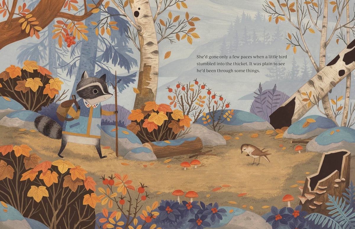 Illustrated scene with animals in a forest setting, featuring text.