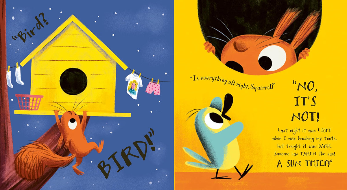Illustrated book pages with a squirrel and birdhouse on one page, and a blue bird and text on the other, against a night sky.