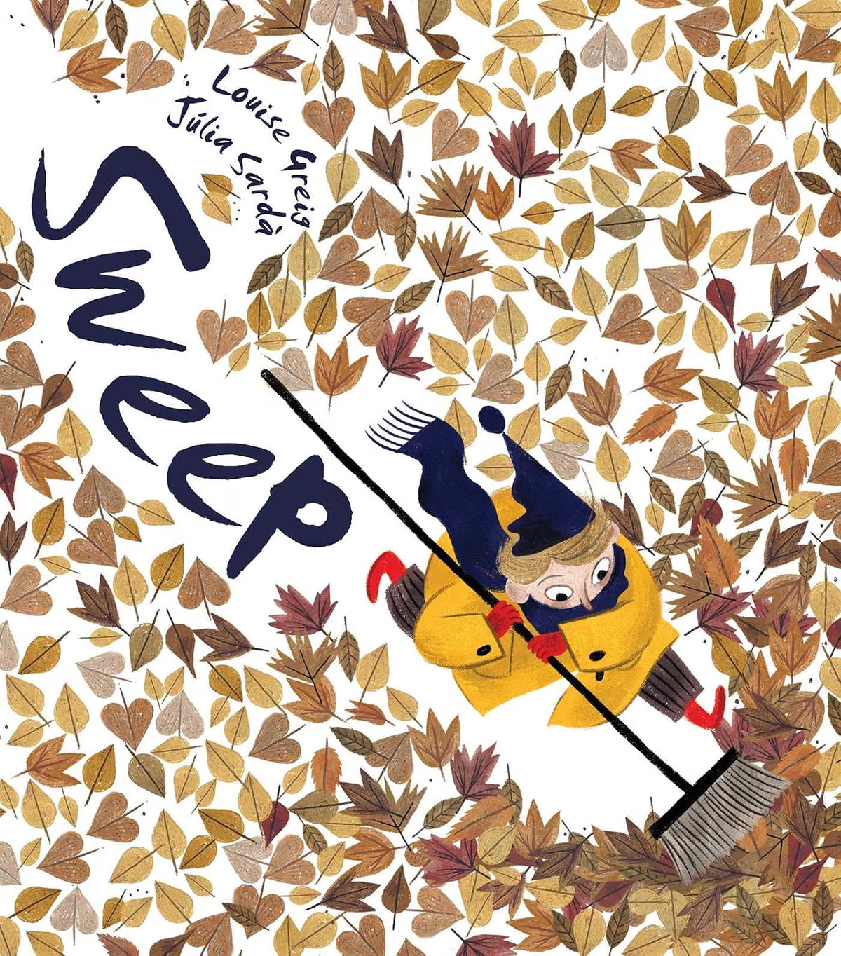 Book cover of 'Sweep' with a character sweeping leaves, surrounded by autumn leaves.