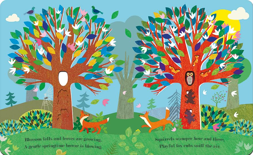 A colorful children's board book or activity card featuring two illustrated trees with leaves and birds, plus small animals and landscape elements, with printed text along the bottom.