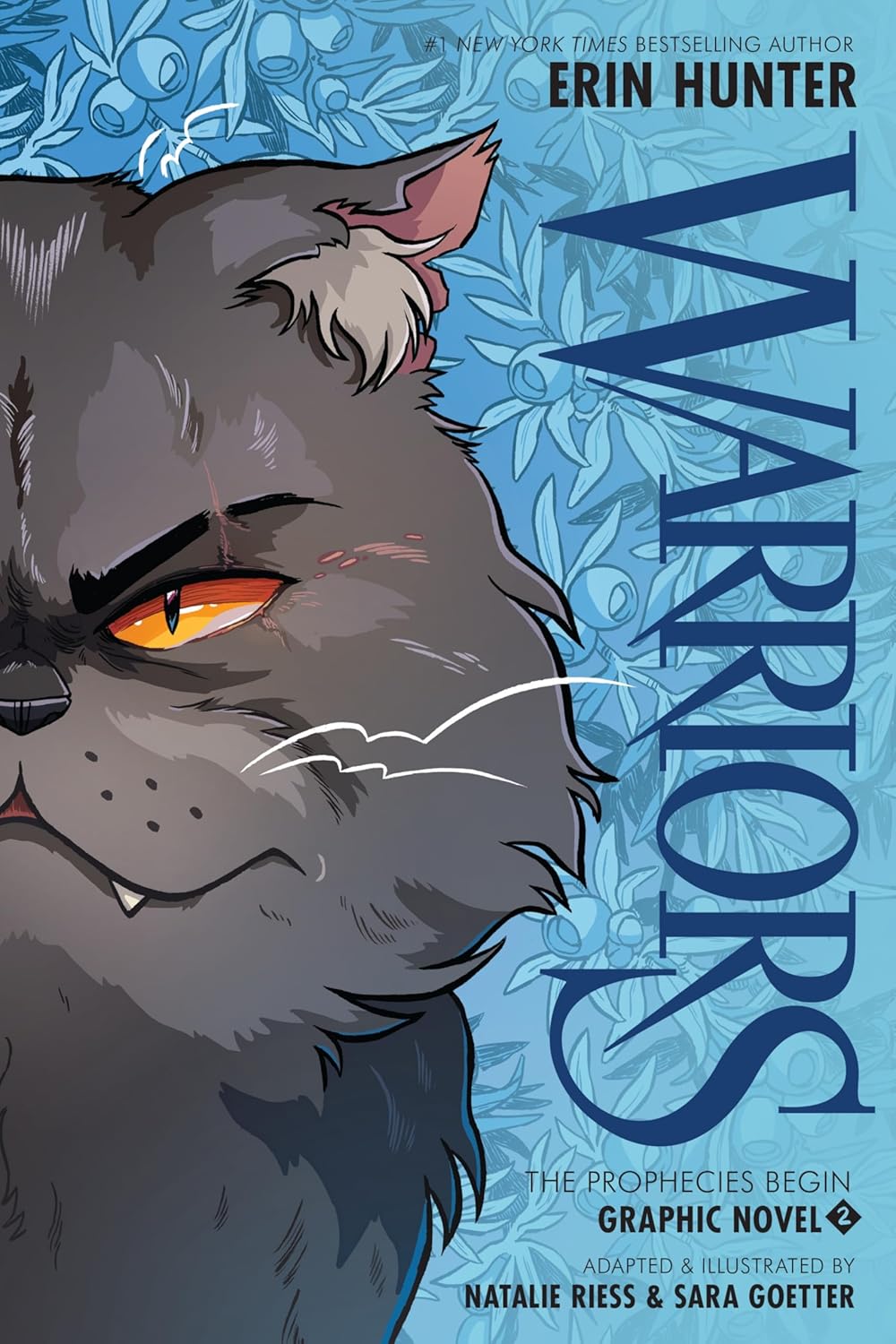Book cover of 'Warriors' graphic novel with a cat's face and blue background