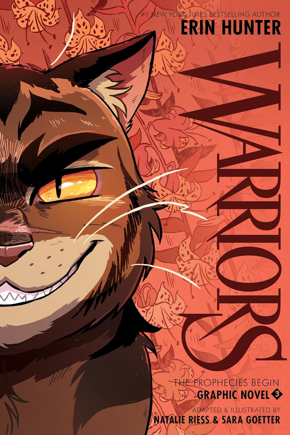 Book cover of 'Warriors' graphic novel with a cat's face and fiery background