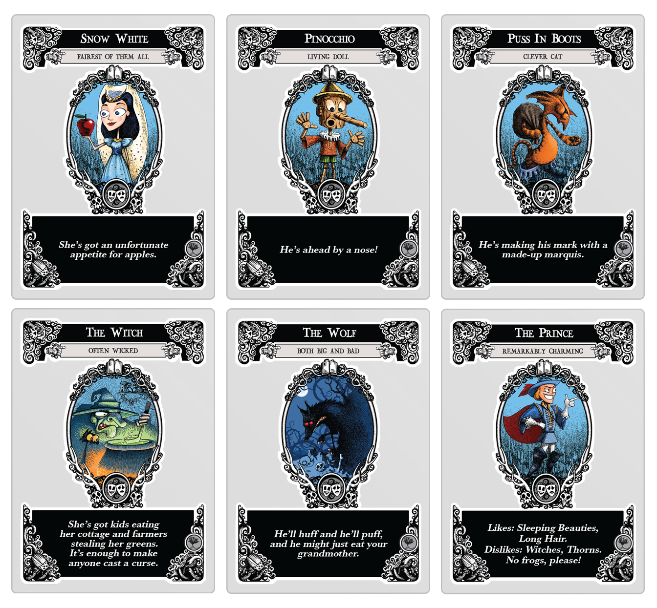 Set of cards featuring animated characters with descriptive text on a white background