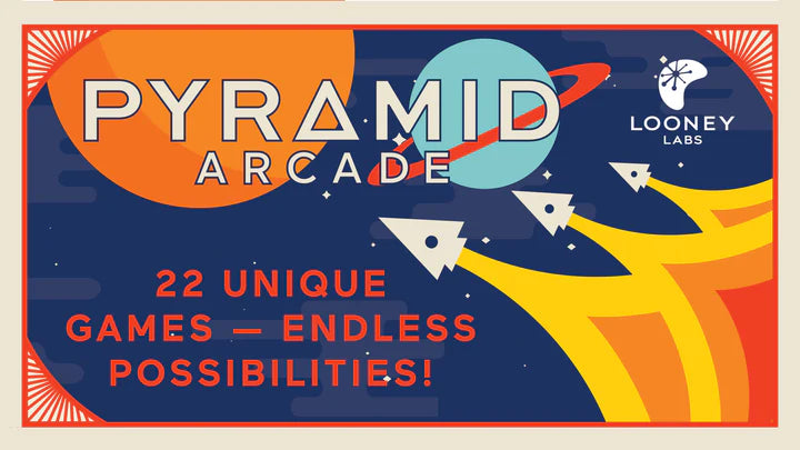 Advertisement for Pyramid Arcade by Looney Labs with space-themed graphics and text.
