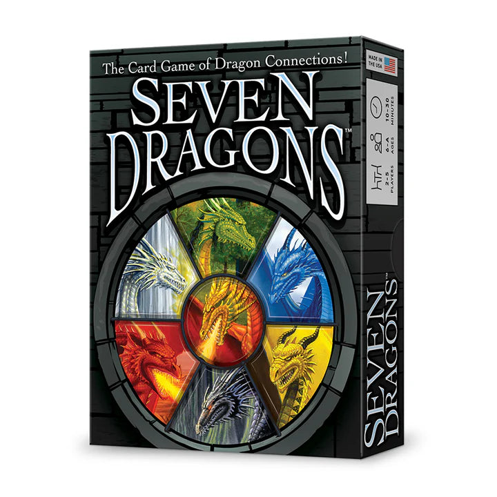 Box of 'Seven Dragons' card game with colorful dragon illustrations on a white background