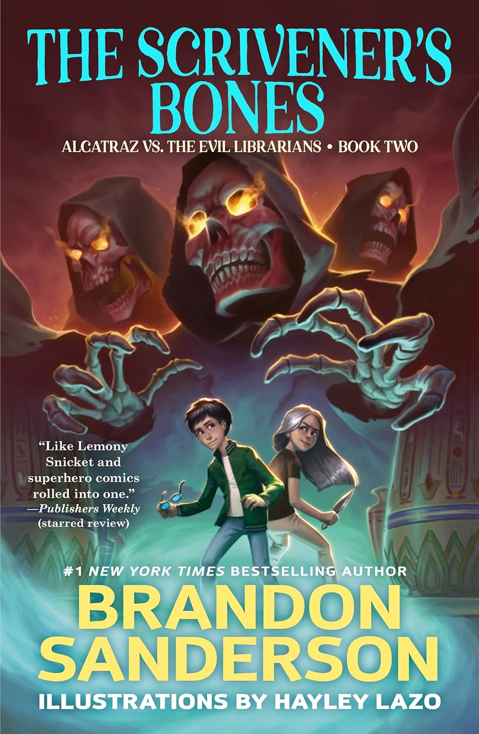 Book cover of 'The Scrivener's Bones' by Brandon Sanderson with illustrations by Hayley Lazo.