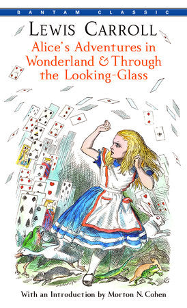 Original cover art  featuring Alice and cards swirling around her for Alice's Adventures in Wonderland and Through the Looking Glass