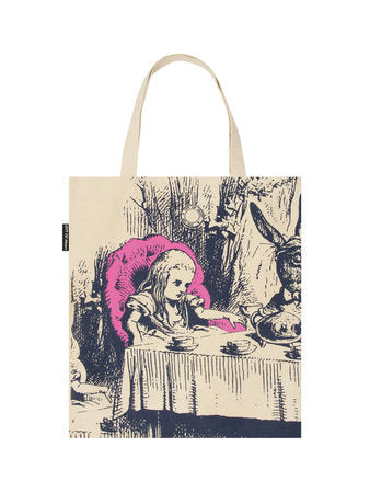 Tan tote bag with classic Alice in Wonderland tea party scene