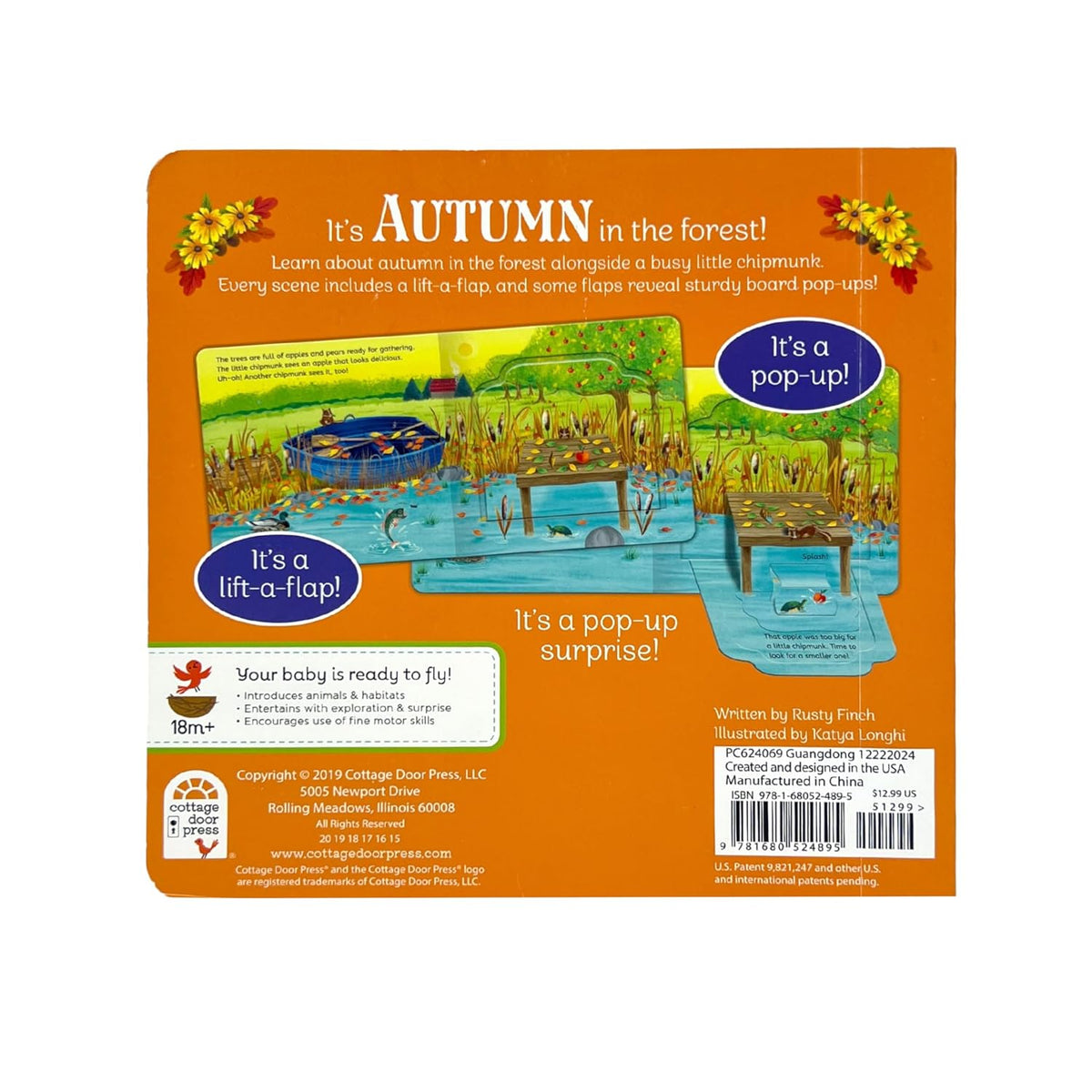 The back cover of a children's book titled 'It's AUTUMN in the forest!' by Kathy Longley, published by Cottage Door Press. The cover features a bright orange border with illustrations of autumn forest scenes, including a blue fly trap and a brown birdhouse, along with text and logos.