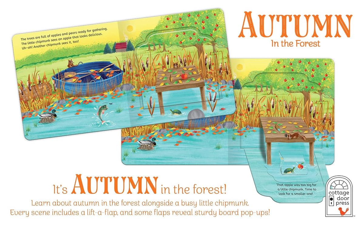 Autumn-themed children's book or activity booklet pages shown on a white background, with orange title text reading 'AUTUMN in the Forest' and descriptive cover text. The pages depict an illustrated forest pond scene with autumn trees, leaves, ducks, fish, and a chipmunk.