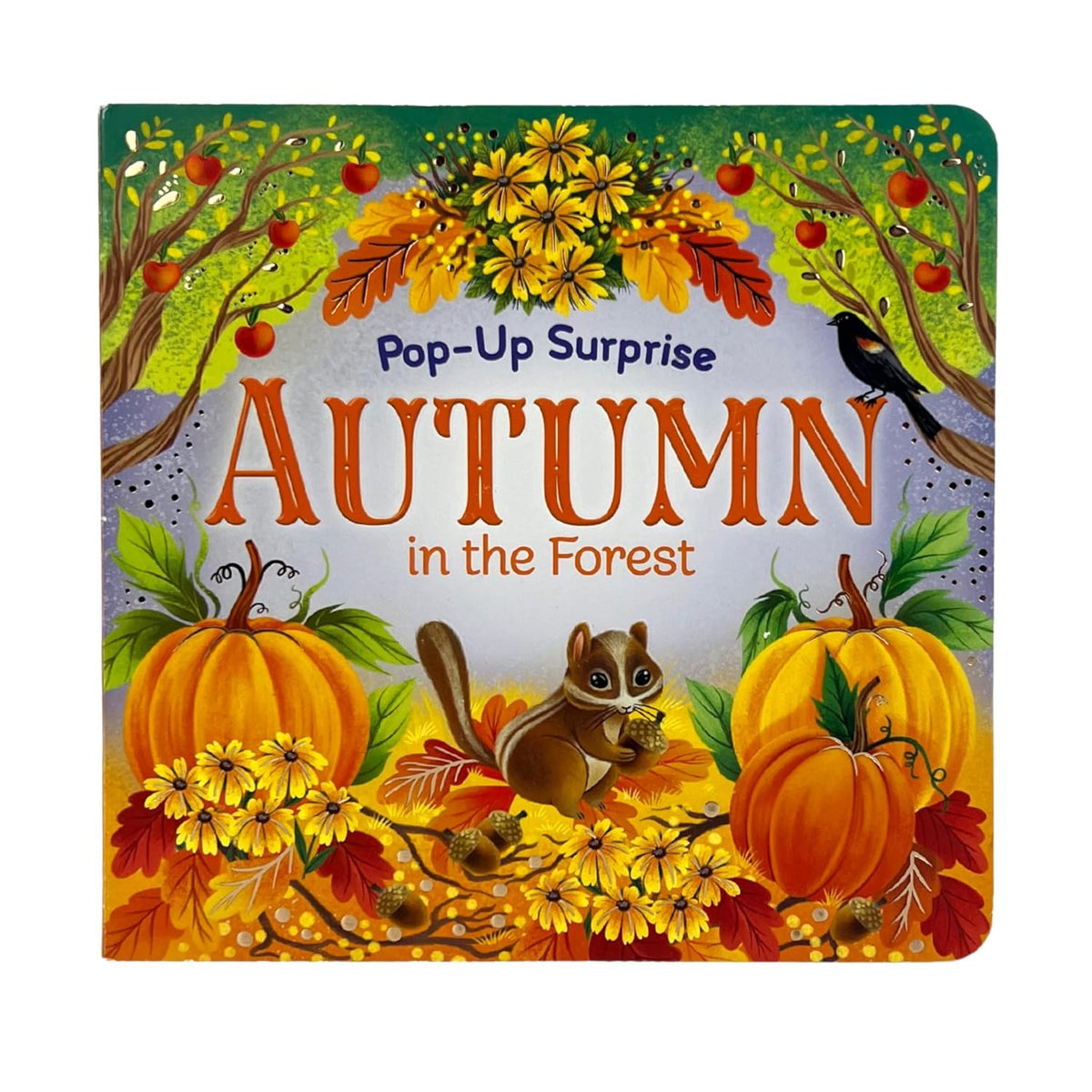 Pop-up book cover titled 'Autumn in the Forest' with pumpkins, leaves, and a chipmunk illustration.