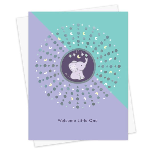 Half blue, half purple greeting card with a baby elephant in the center above Welcome Little One