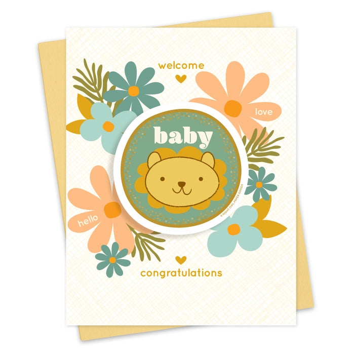 Baby shower card with lion illustration and floral elements on a white background