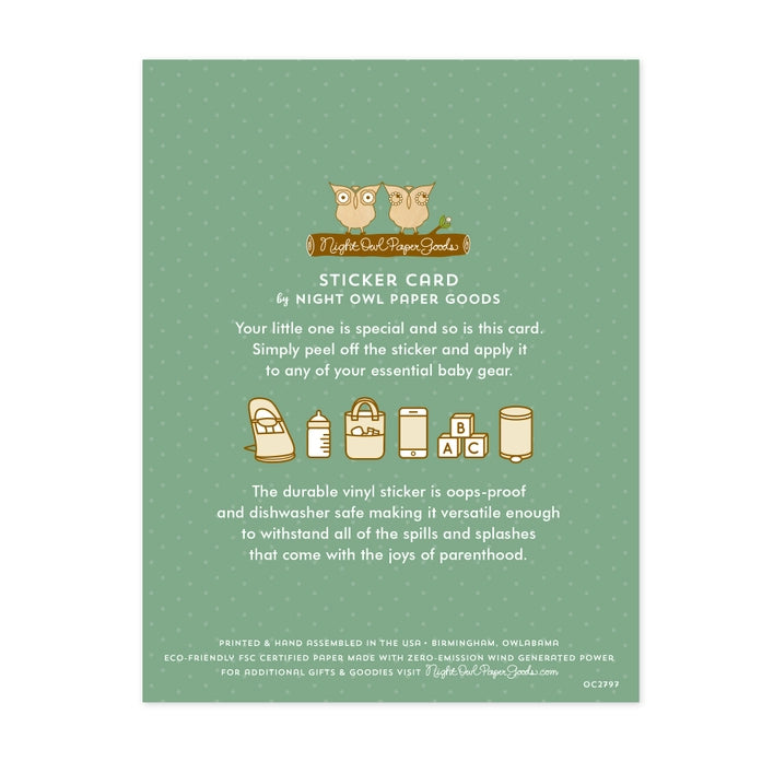 Sticker card with owl design and text on a green background