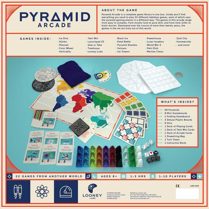 Pyramid Arcade board game packaging with game pieces and components on a blue background