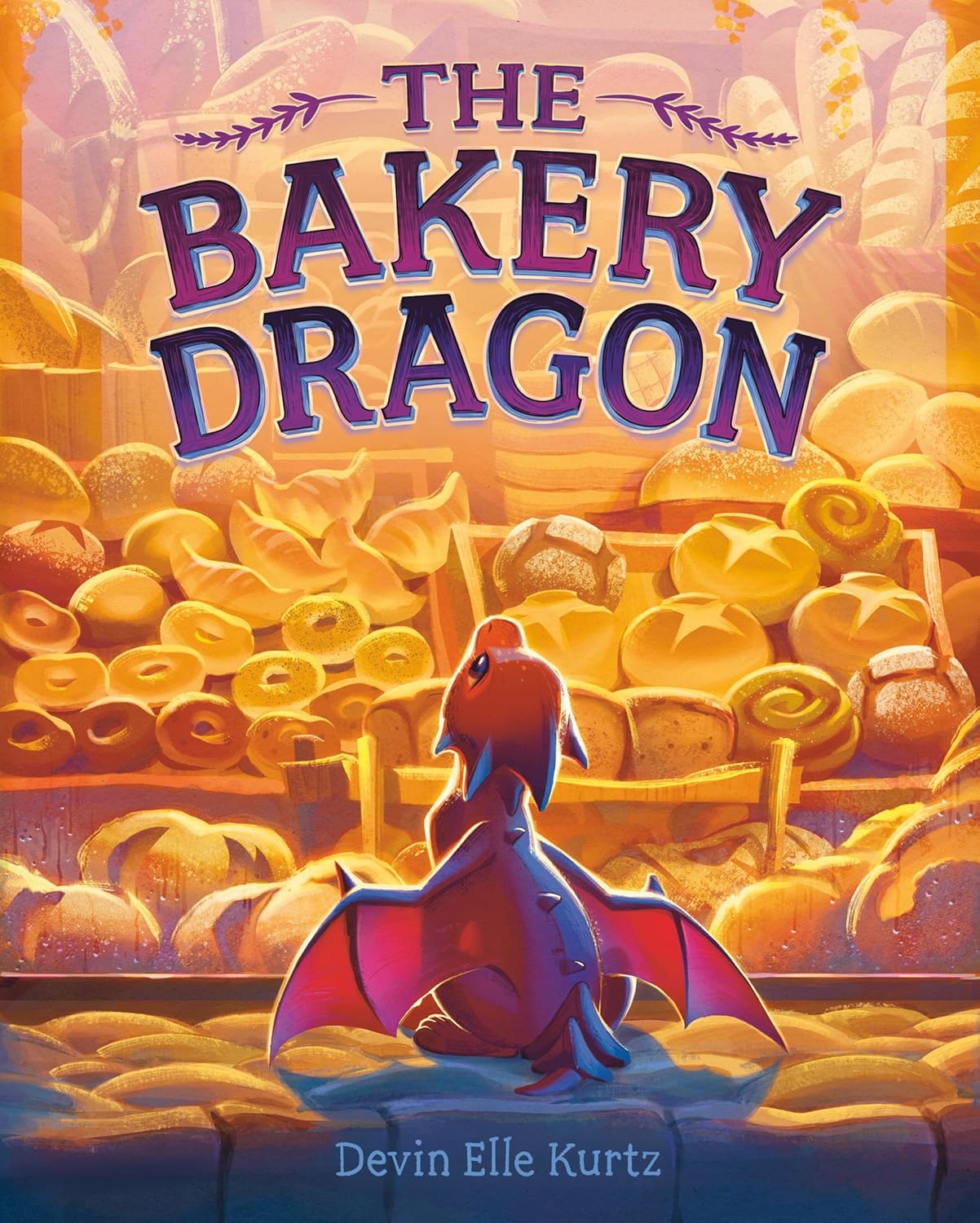 Book cover of 'The Bakery Dragon' with a dragon among bread loaves.
