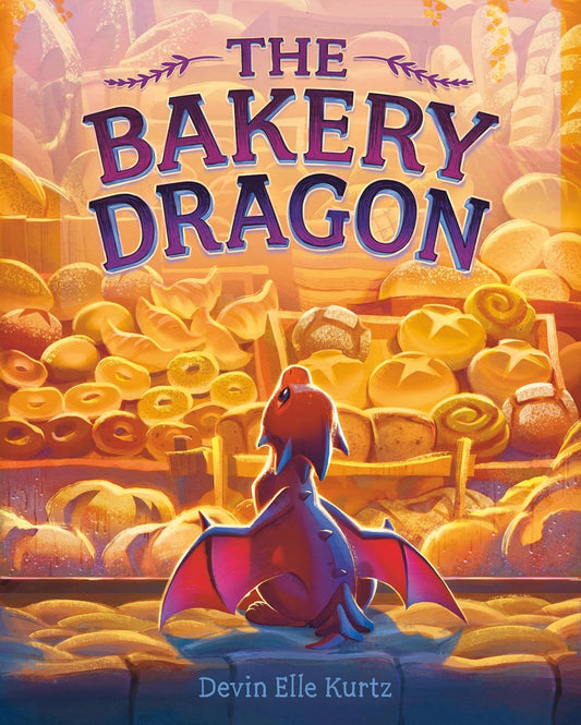 Book cover of 'The Bakery Dragon' with a dragon among bread loaves.