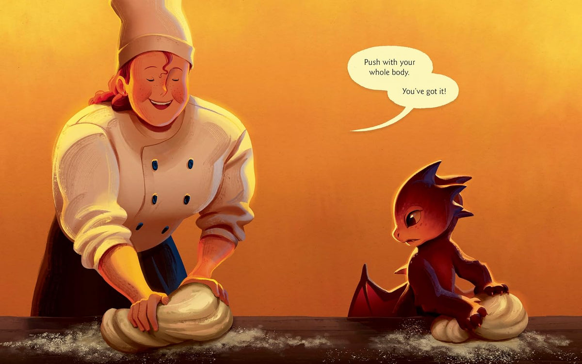 Illustrated scene of a chef in a white uniform kneading dough at a table, with a small red dragon sitting beside them and a speech bubble that says, 'Push with your whole body. You've got it.
