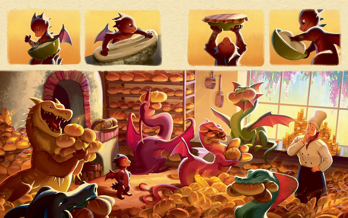 A whimsical illustrated scene showing fantasy creatures and a chef working in a bakery-like room filled with breads and pastries. Four small inset panels at the top show a red dragon character holding green and yellow food items.