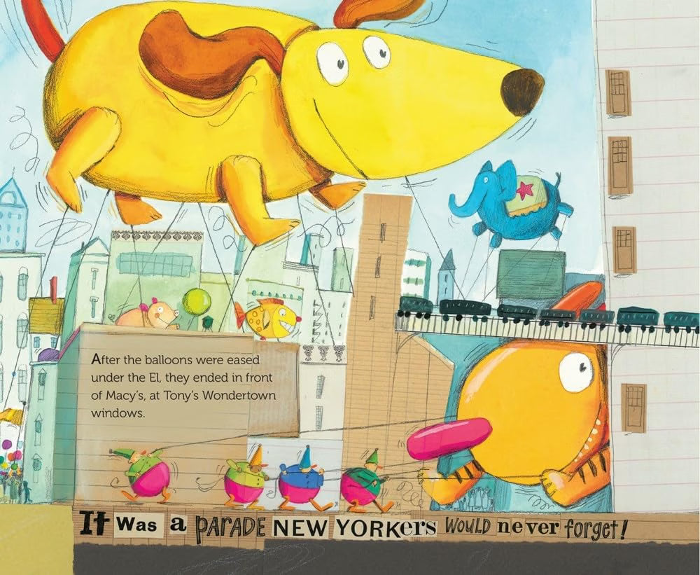 A colorful illustrated book or poster page showing a large yellow dog-shaped balloon floating above a city street, with buildings, smaller balloons, and text at the bottom reading, 'It Was a PARADE NEW YORKERS would never forget!'.