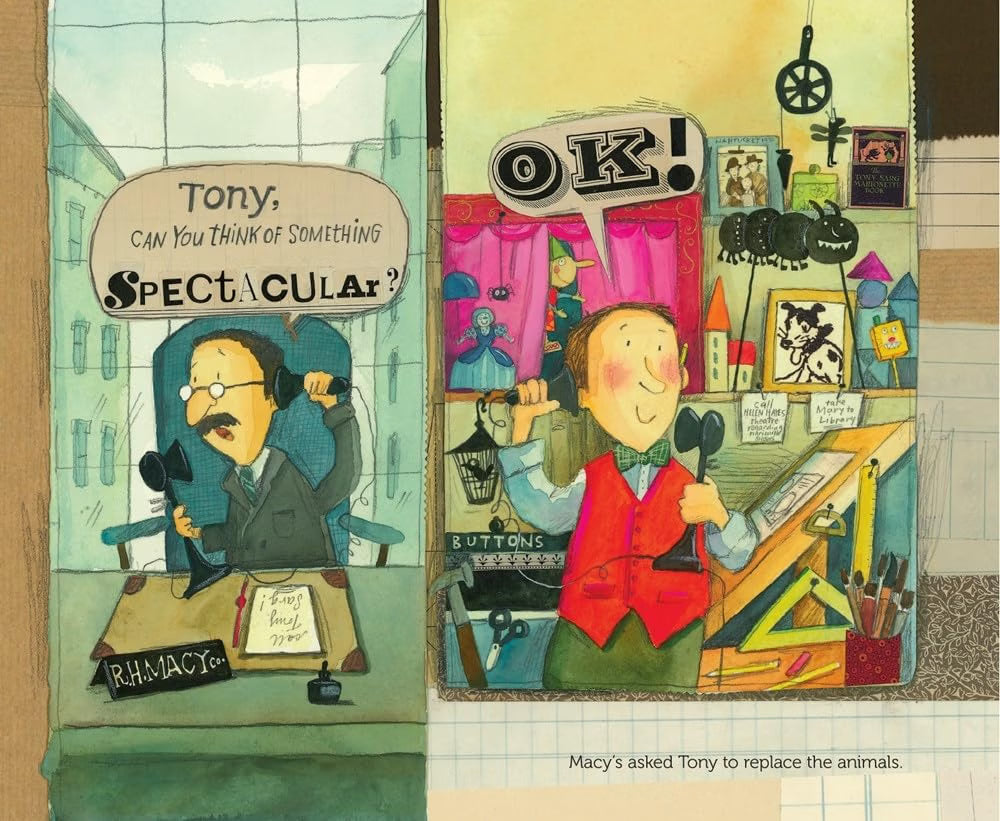 Illustration of two characters in a comic strip format, one asking the other to think of something spectacular, with a colorful background.
