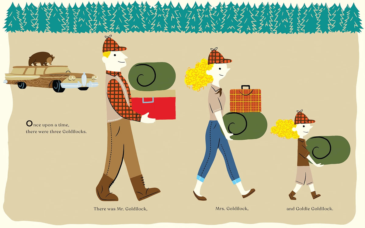 A stylized illustrated scene showing three Goldlocks—a man, a woman, and a child—walking while carrying camping gear, with a bear on a truck and a forest at the top. Text labels identify them as Mr.