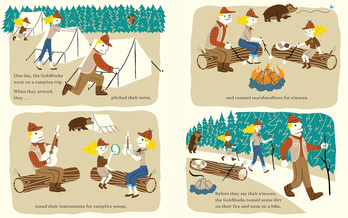 Illustrated camping scene with Goldilocks characters in a comic strip format.