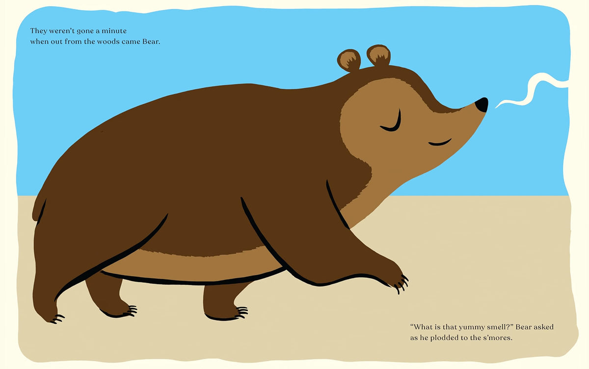 A stylized illustrated book page showing a brown bear walking across a beige ground under a light blue sky, with small text bubbles containing dialogue and narration.