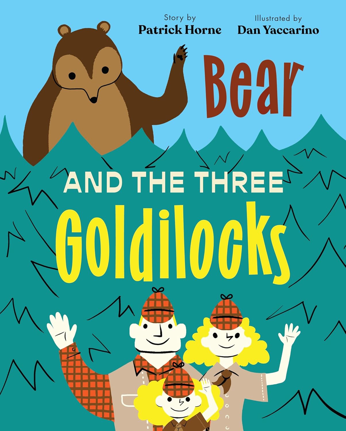 Book cover of 'Bear and the Three Goldilocks' with a bear and three characters in a forest setting.