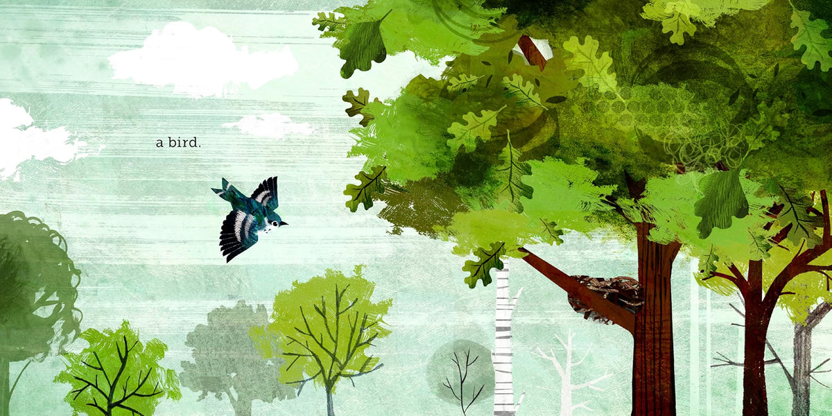 Illustrated forest scene with green trees, a blue bird in flight, a bird's nest in a tree branch, and the text 'a bird.' on a pale green background.
