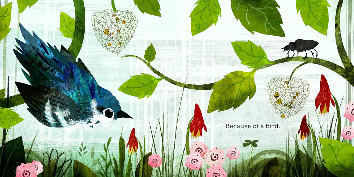 Illustrated art print featuring a blue bird in flight, green leaves, flowers, and the text 'Because of a bird,' on a light textured background.