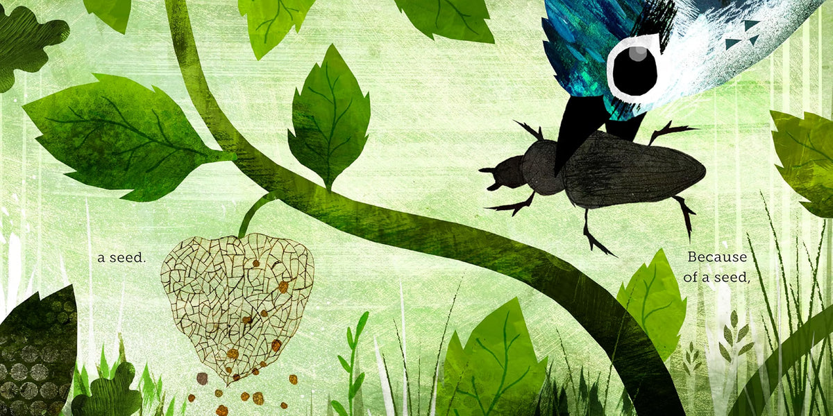 Illustrated botanical artwork showing a green leafy vine, a seed heart, grass, and a bird perched on a branch against a pale green textured background.