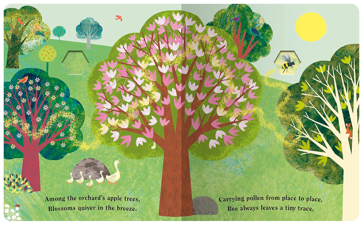 Illustration of an orchard with trees and animals, featuring a pink flowering tree.