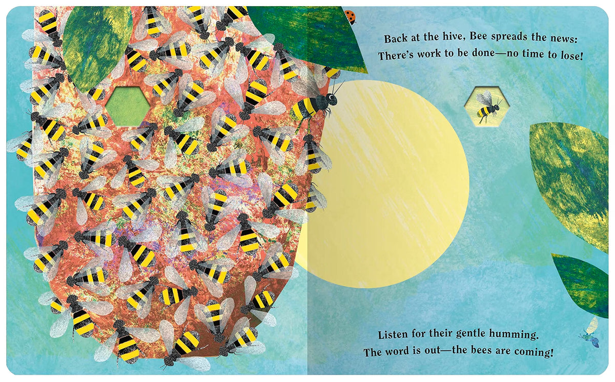 Illustration of bees on a honeycomb with a blue background and text about bees spreading news.