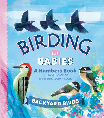 Book cover of 'Birding for Babies: A Numbers Book' with illustrations of birds and a blue background.