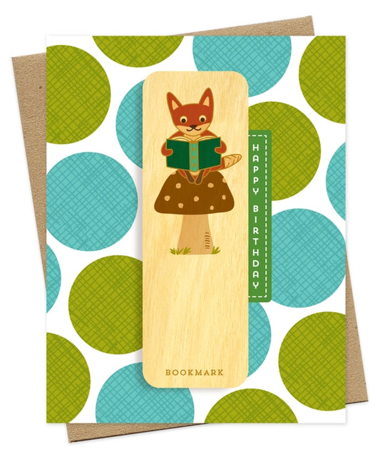 Greeting card with wooden bookmark featuring a fox design on a polka dot background
