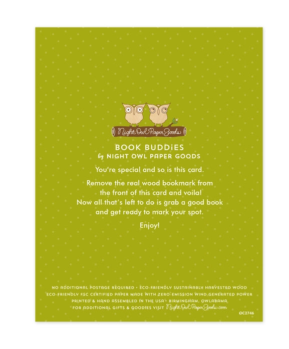 Green card with owl design and text about 'Book Buddies' by Night Owl Paper Goods