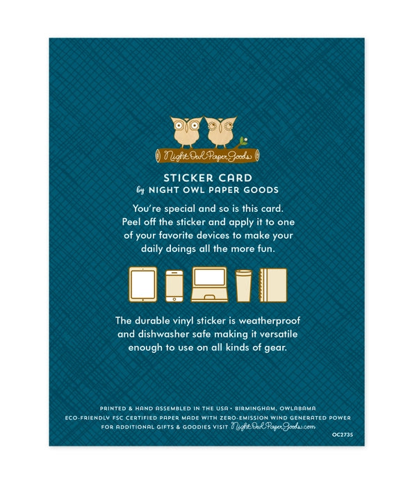 Sticker card from Night Owl Paper Goods with owl design and text on a blue background