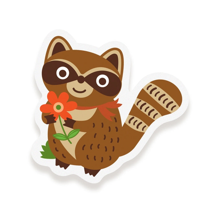 Cartoon raccoon holding a flower on a white background